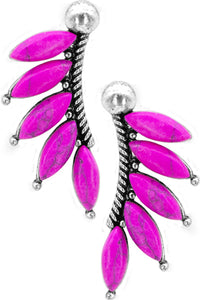 Fuchsia Cable Textured Leaves On Branch Gemstone Earring