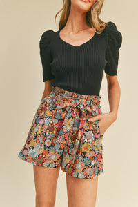 Black Multi Floral Print High Waist Shorts