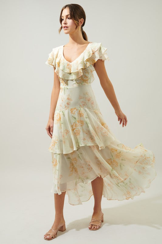 Peach-Mult Sunburst Ruffle Tiered Sinclair Midi Dress – Aquarius Brand