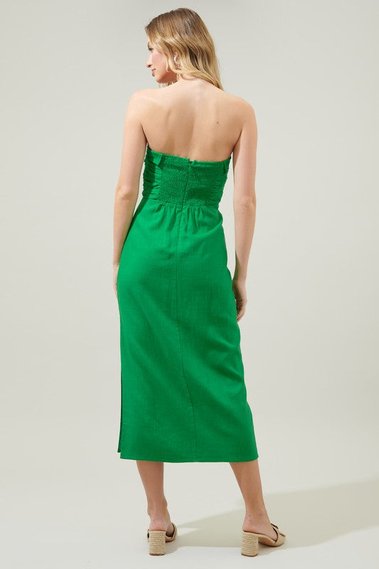 Kelly-Green Morro Bay Strapless Ruched Midi Dress Aquarius Brand Kelly-Green Morro Bay Strapless Ruched Midi Dress Aquarius Brand