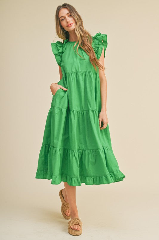 Kelly Green Flutter Sleeve Tiered Midi Dress