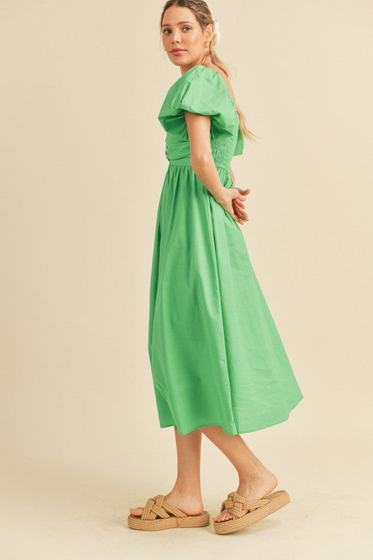 knee length dresses for ladies Apple Green Puff Sleeve Midi Dress – Aquarius Brand