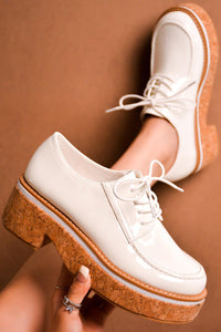 White Womens Lace Up Wooden Platform Loafers Natashaya