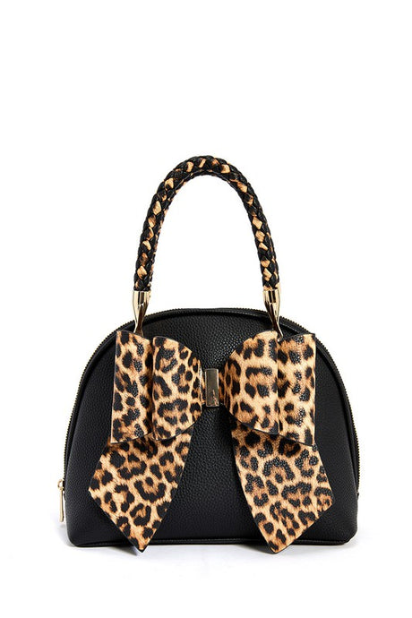 Black Leopard Bow Black Handbag