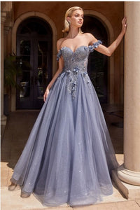 Smoky Blue Floral Applique Corset Tulle Ball Gown