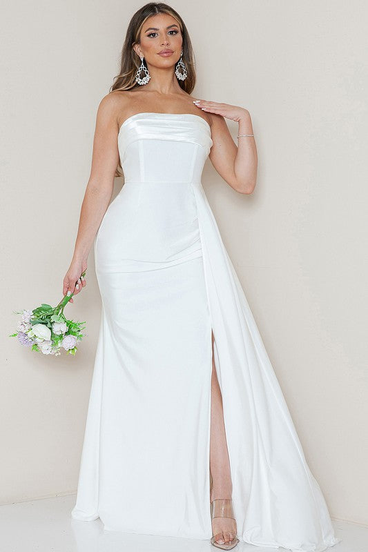 white strapless dress with split A-Line Ruffle Long Prom Split, Champagne / Custom Size slip silicone lined back will ensure you the ultimate stay Universe | White Bandeau Split