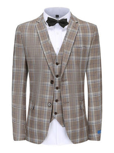 Light Brown Men's Slim-Fit 3PC Check Plaid Suit - Short