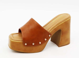 Brown Bamboo Chunky Platform Heel Studded Slide Sandals