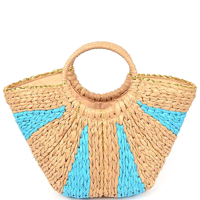 Turquoise Two Tone Straw Tote Bag