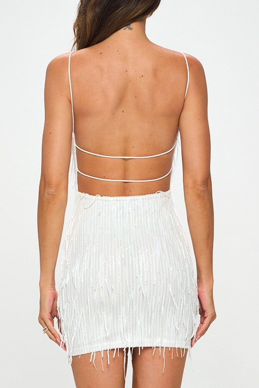 White Fringe Sequin Bar Back Mini Dress – Aquarius Brand White Fringe Sequin Bar Back Mini Dress – Aquarius Brand