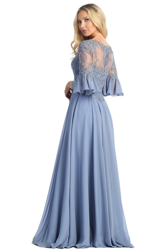 Slate Blue Sleeved V Neck Lace Top A Line Dress – Aquarius Brand