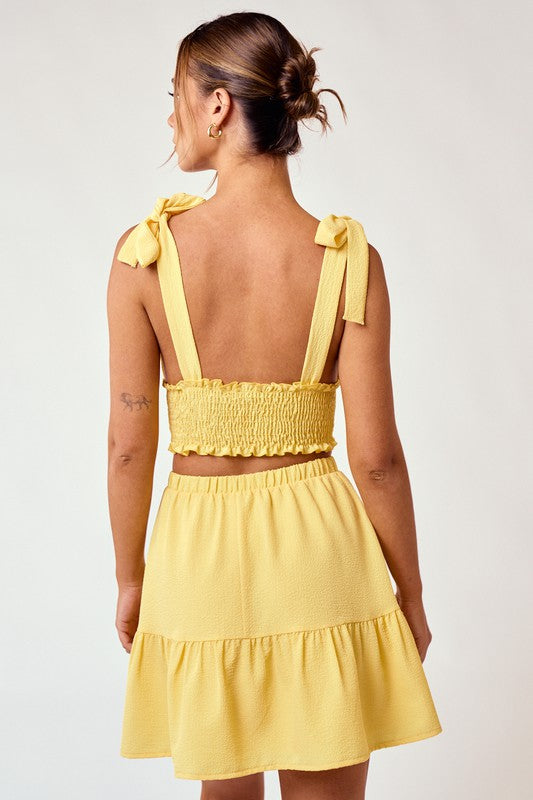 Yellow Shoulder Tie Smocked Top And Flowy Mini Skirt Set – Aquarius Brand