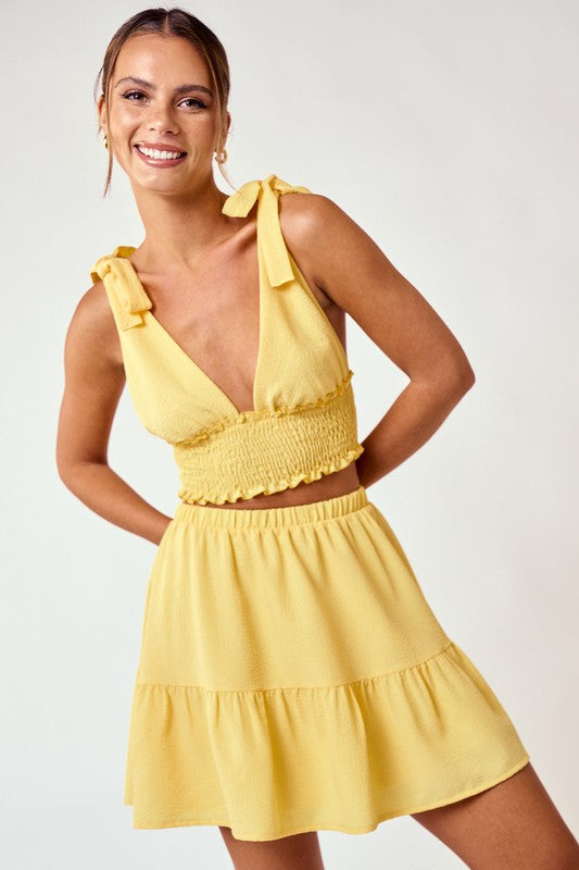Halter self tie bowknot smocked print mini skirt set