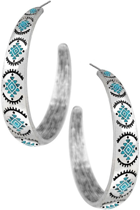 Turquoise Burnish Silver Western Style Aztec Textured Casting Hoop Earring