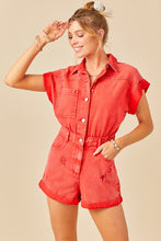 Washed Red Distressed Colored Denim Romper With Folded Hem