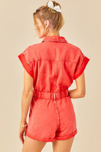Washed Red Distressed Colored Denim Romper With Folded Hem