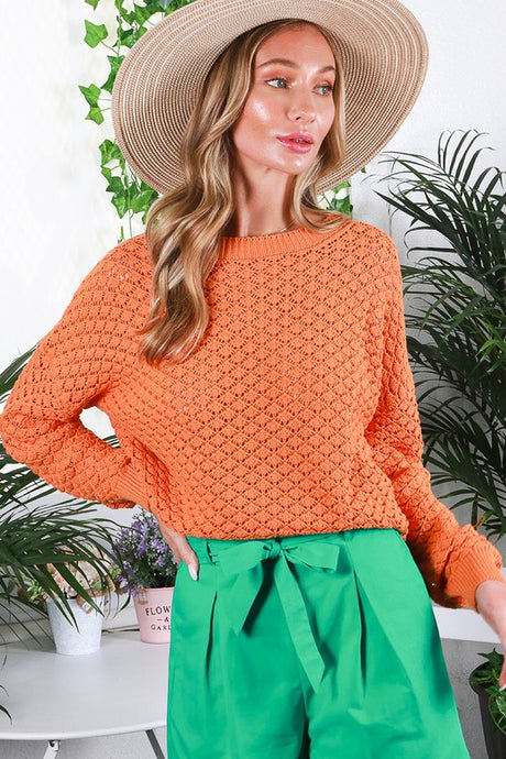 Pumpkin Round Neck Long Sleeve Crochet Sweater Top