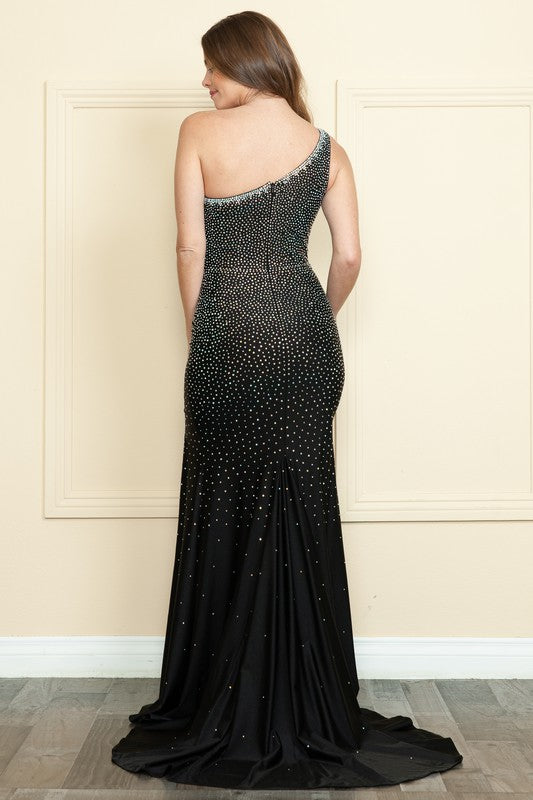 Black Rhinestone Single Shoulder Fitted Long Dress – Aquarius Brand
