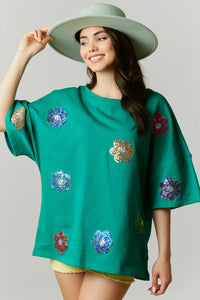 Kelly Green Allover Sequin Flower Patch Tee