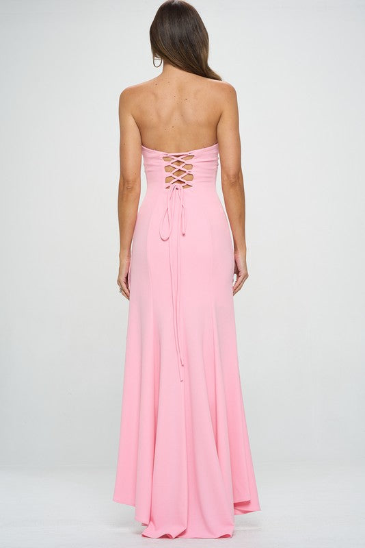 Baby Pink Strapless High Slit Ruffle Long Formal Dress Aquarius Brand Baby Pink Strapless High Slit Ruffle Long Formal Dress Aquarius Brand