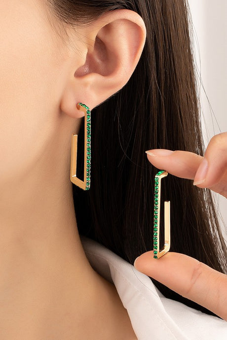Green Rectangle Hoop Earrings With Pave Pearl/Rhinestone