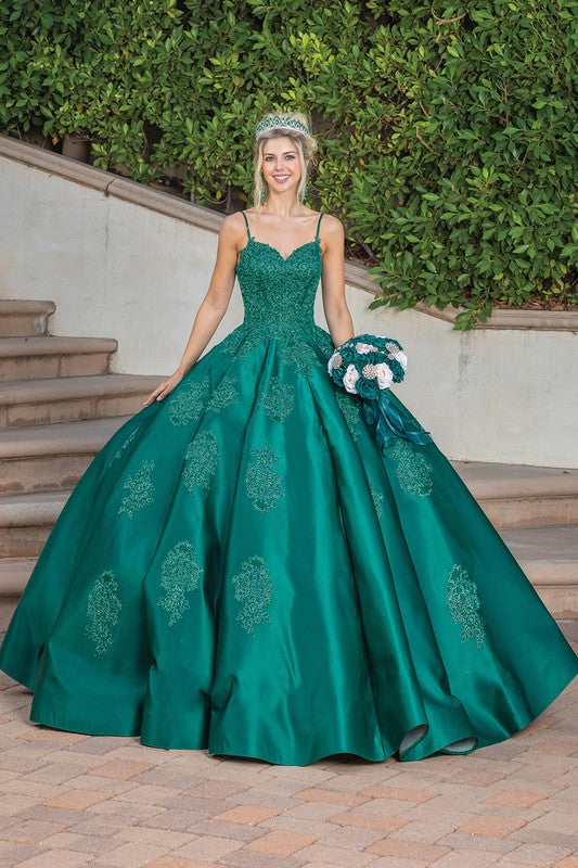 Hunter Green Lace Top Shoulder Straps Quinceanera Ball Gown  Aquarius Brand