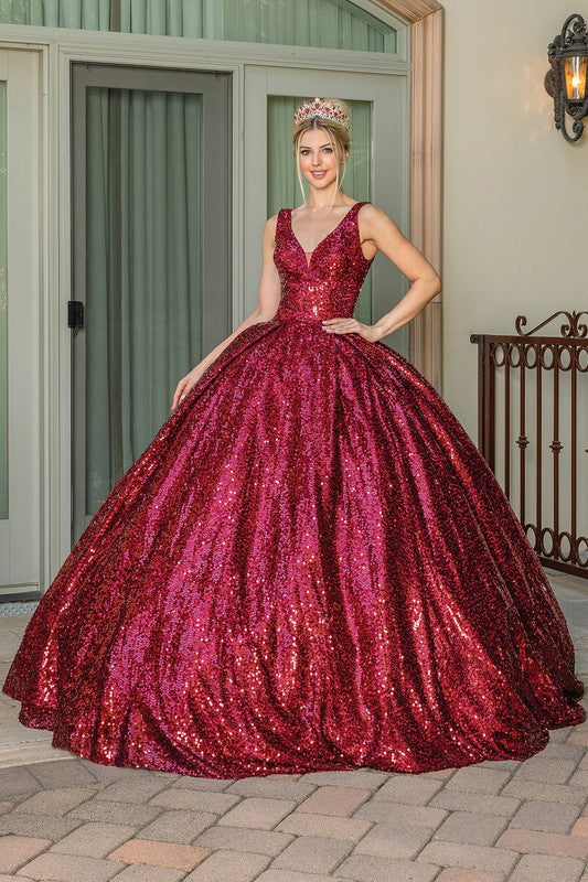 Burgundy Deep V Neck Sequin Quinceanera Ball Gown – Aquarius Brand