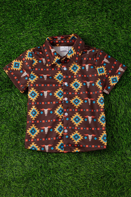 Multi-Color Bullhead Aztec Printed Button Up Shirt