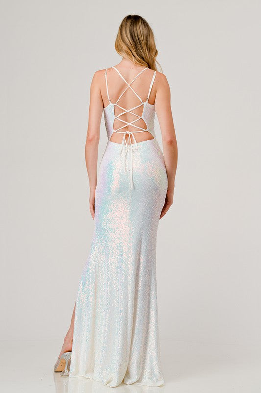 holographic maxi dress White Sequin V-Neck Crossed Back Mermaid Maxi Dress – Aquarius Brand
