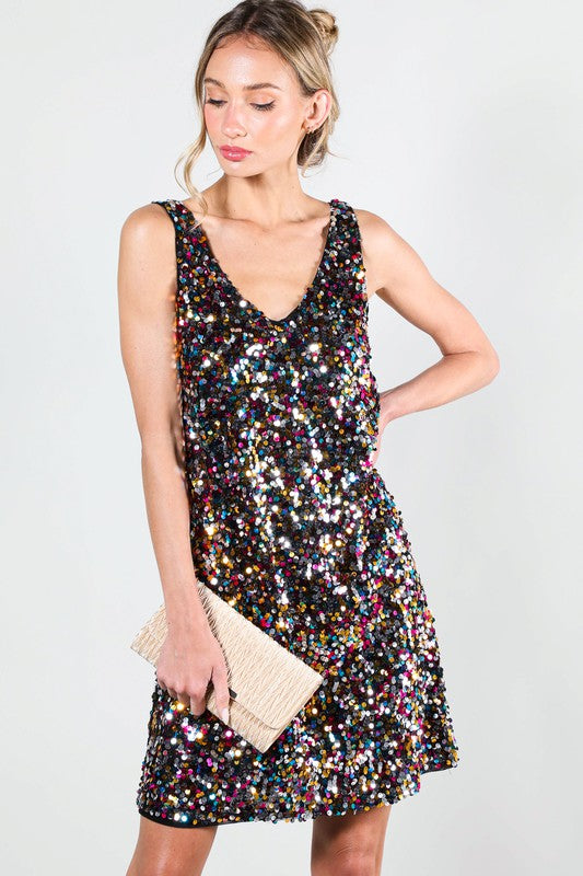 multi sequin mini dress Multi V-Neck Sleeveless Multi Sequin Mini Dress – Aquarius Brand