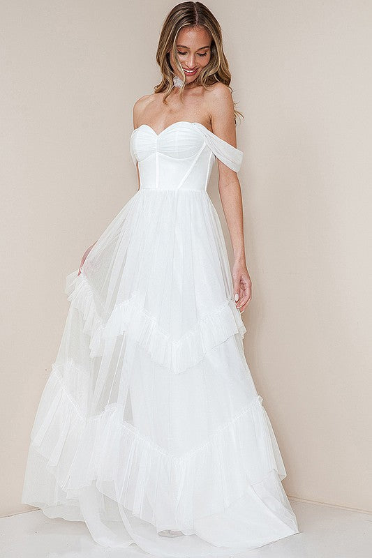 White Off Shoulder Ruffle Layered Tulle Maxi Dress Aquarius Brand White Off Shoulder Ruffle Layered Tulle Maxi Dress Aquarius Brand