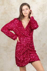Fuchsia Sequin Glitter Holiday Party Wrap Mini Dress