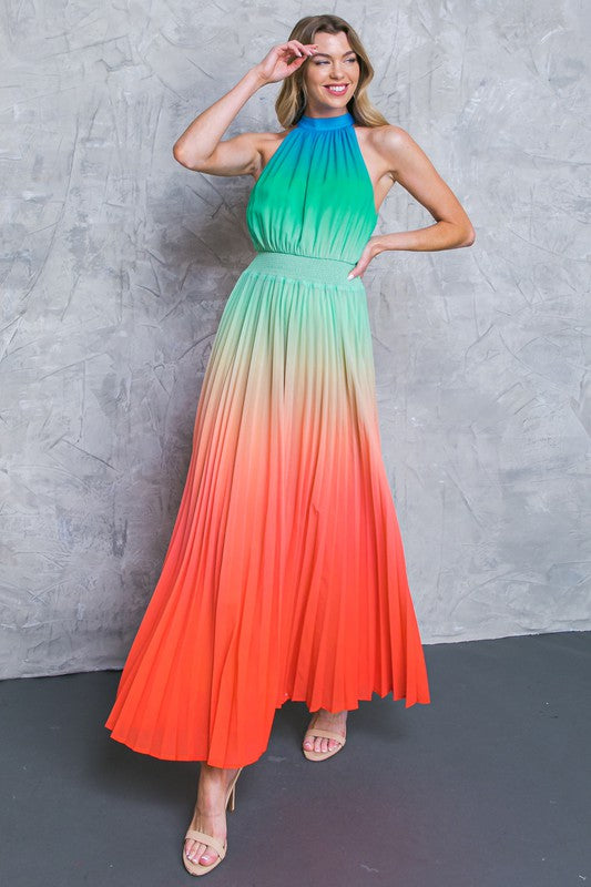open lace back dress Orange Sleeveless Ombre Maxi Pleat Dress – Aquarius Brand