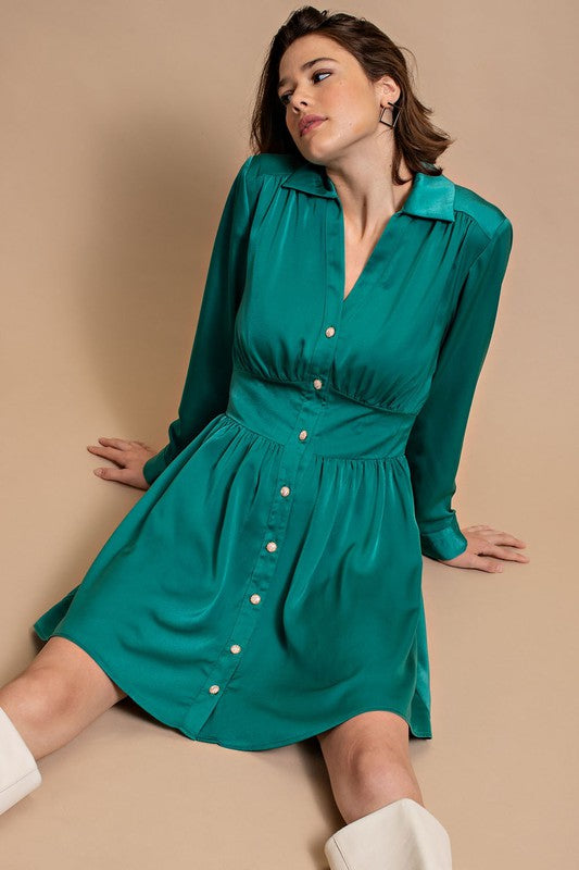Jade Satin Button Down Shirt Dress With Jeweled Buttons – Aquarius Brand Jade Satin Button Down Shirt Dress With Jeweled Buttons – Aquarius Brand