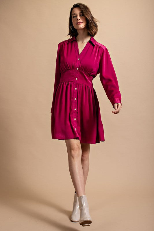 Berry Satin Button Down Shirt Dress With Jeweled Buttons