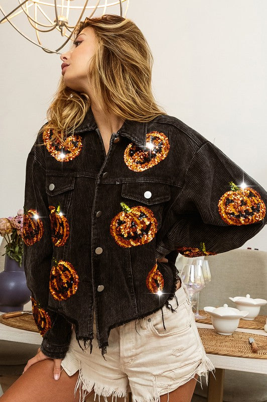Black Charcoal Pumpkin Sequin Embroidery Washed Corduroy Jacket