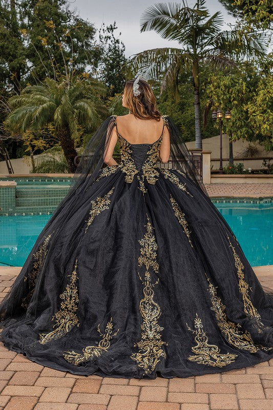 Black Capelet Golden Embroidery Quinceanera Dress Aquarius Brand Black Capelet Golden Embroidery Quinceanera Dress Aquarius Brand