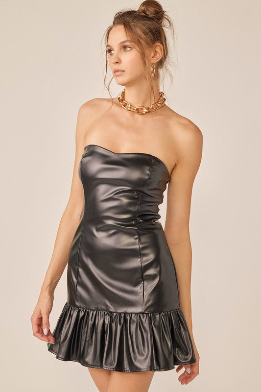 Black Bodycon Pu Mini Dress With Bottom Ruffle Detail – Aquarius Brand