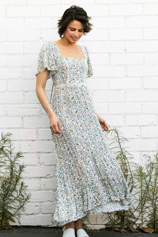 Cream Flutter Sleeve Floral Flowy Maxi Dress Aquarius Brand Cream Flutter Sleeve Floral Flowy Maxi Dress Aquarius Brand