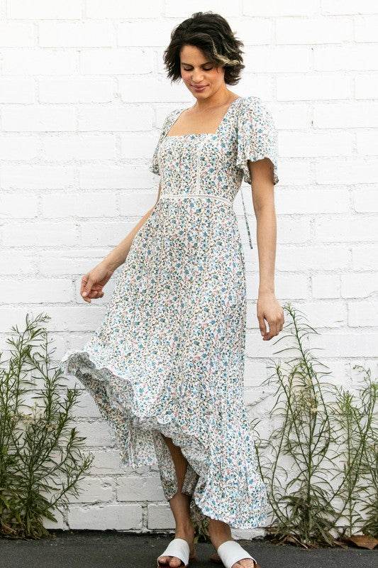 Cream Flutter Sleeve Floral Flowy Maxi Dress Aquarius Brand Cream Flutter Sleeve Floral Flowy Maxi Dress Aquarius Brand