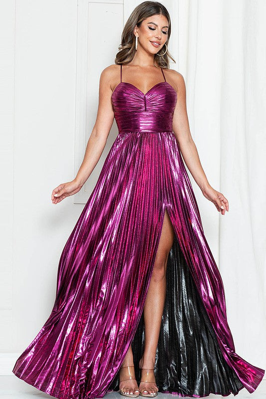 Fuchsia Pleated Slit Side Back Tie Metallic Maxi Dress Aquarius Brand Fuchsia Pleated Slit Side Back Tie Metallic Maxi Dress Aquarius Brand