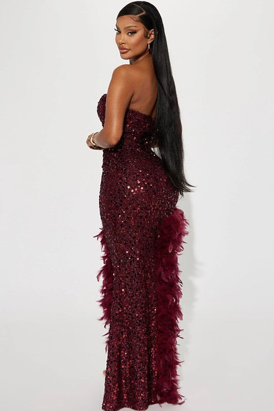 feather sequin maxi dress Wine Strapless Slit Feather Sequin Maxi Dress – Aquarius Brand