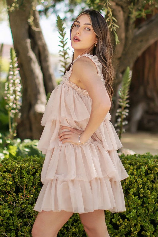 zara pink ruffle tulle dress Nude Tiered Tulle Mini Dress – Aquarius Brand