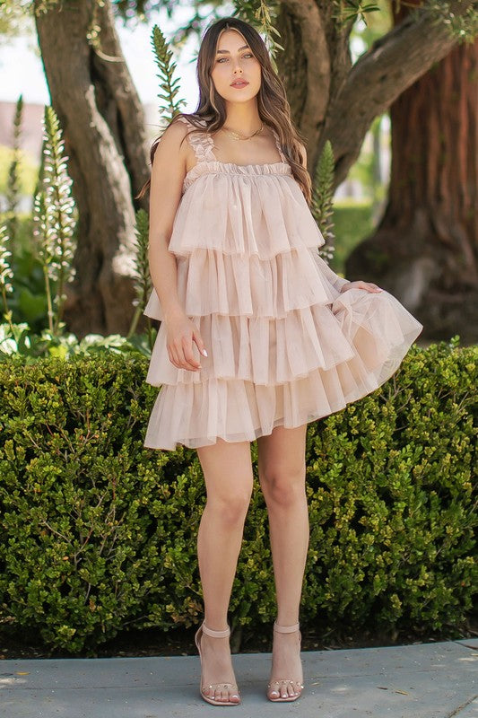 Nude Tiered Tulle Mini Dress – Aquarius Brand