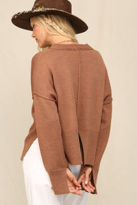 Rustic Clay Notch Hem Crop Sweater