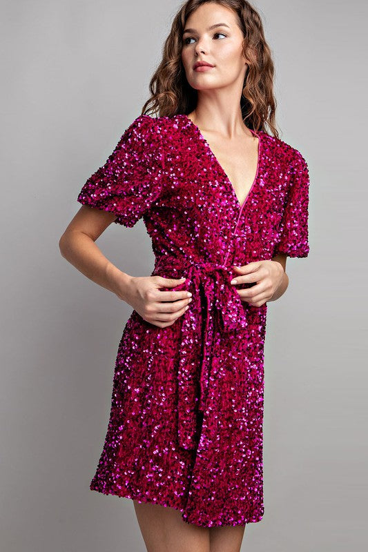open lace back dress Neon Pink Plunging Neck Balloon Sleeves Bodycon Homecoming Dress –  FancyVestido main image 1