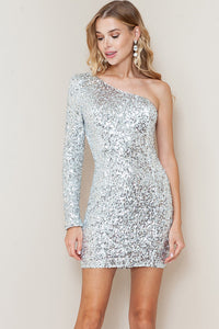 Silver One Shoulder Sequin Mini Dress