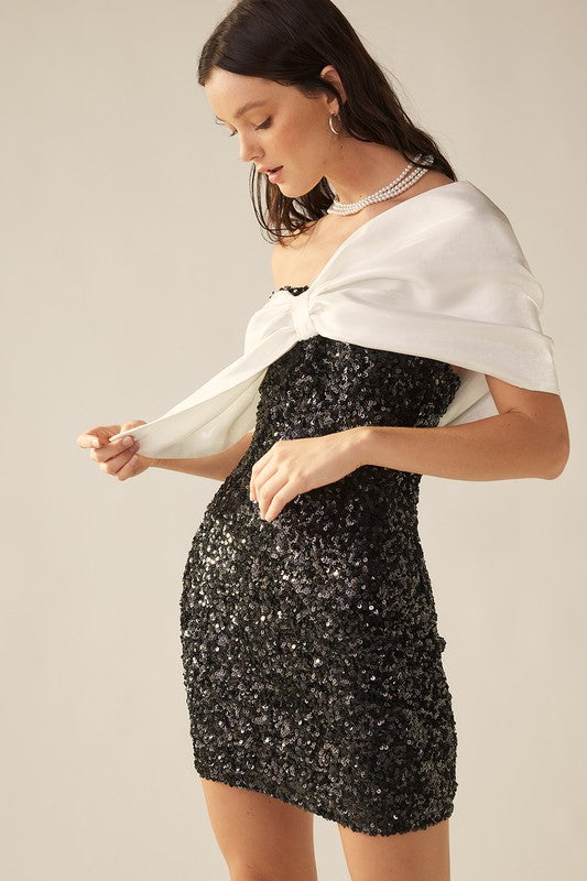 Black/White Asymmetric Sequin Off Shoulder Silk Ribbon Dress – Aquarius Brand Black/White Asymmetric Sequin Off Shoulder Silk Ribbon Dress – Aquarius Brand