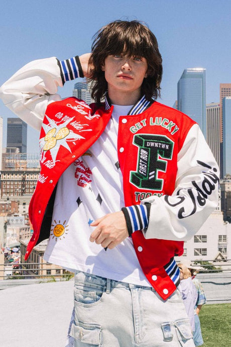 Red Get Lucky Today Varsity Jacket