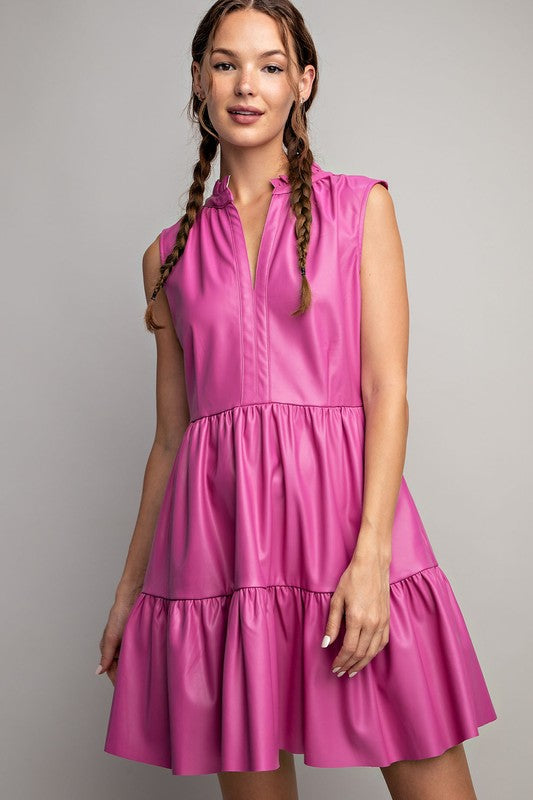 green emerald velvet dress Hot Pink Faux Leather Tiered Mini Dress – Aquarius Brand